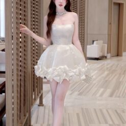 ชุดเดรส เกาะอก แต่งกลิตเตอร์+โบว์ สีขาว 2014 Size S