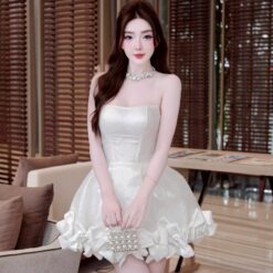 ชุดเดรส เกาะอก แต่งกลิตเตอร์+โบว์ สีขาว 2014 Size S