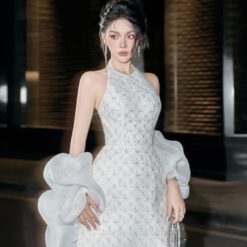 ชุดเดรส คล้องคอ แต่งกลิตเตอร์+แขน สีขาว 2046 Size M