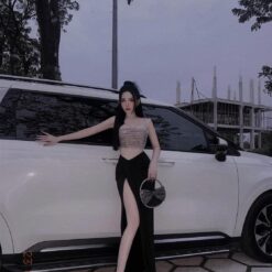 ชุดเซ็ท 2 ชิ้น เสื้อ+กระโปรง แต่งเพชร สีเงิน-ดำ 4010 Size S