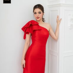 ชุดเดรส ราตรียาว แต่งโบว์ สีแดง BRAND LUXE 3035 Size S