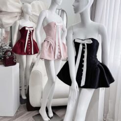 ชุดเดรส เกาะอก แต่งโบว์ สีแดง Brand เวียดนามแท้ 2144 Size S-M