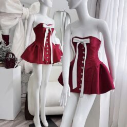 ชุดเดรส เกาะอก แต่งโบว์ สีแดง Brand เวียดนามแท้ 2144 Size S-M