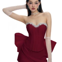 ชุดเซ็ท 3ชิ้น แต่งโบว์ แต่งเพชร สีแดง 4014 Size M