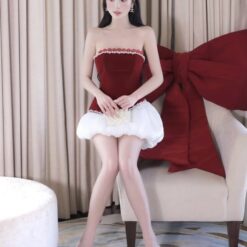 ชุดเดรส เกาะอก แต่งเพชร สีแดง Brand เวียดนามแท้ 2147 Size S-M