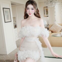 ชุดเดรส ปาดไหล่ แต่งดอก สีขาว-ครีม 2003 Size S