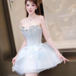 ชุดเดรส เกาะอก แต่งเพชร สีฟ้า 2005 Size M