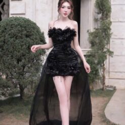 ชุดเดรส เกาะอก แต่งดอก สีดำ 2007 Size M