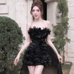 ชุดเดรส ปาดไหล่ แต่งดอก สีดำ 2007 Size M