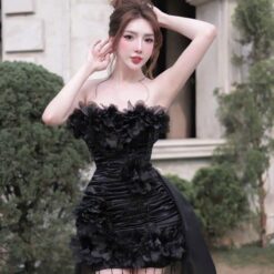 ชุดเดรส เกาะอก แต่งดอก สีดำ 2007 Size M