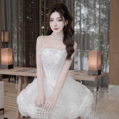 ชุดเดรส เกาะอก แต่งดอก+กลิตเตอร์ สีขาว 2020 Size S