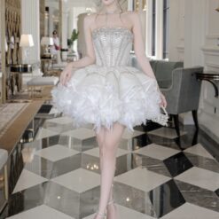 ชุดเดรส เกาะอก แต่งเพชร+กลิตเตอร์ สีขาว 2021 Size M