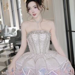 ชุดเดรส เกาะอก แต่งเพชร+ขนนก สีชมพูพาสเทล ม่วง 2024 Size M