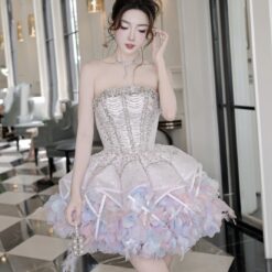 ชุดเดรส เกาะอก แต่งเพชร+ขนนก สีชมพูพาสเทล ม่วง 2024 Size M