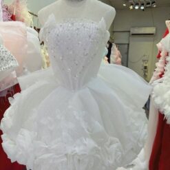 ชุดเดรส เกาะอก แต่งดอก+กลิตเตอร์ สีขาว 2020 Size S