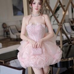 ชุดเดรส เกาะอก แต่งดอก+กลิตเตอร์ สีชมพู 2031 Size M