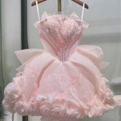 ชุดเดรส เกาะอก แต่งดอก+กลิตเตอร์ สีชมพู 2031 Size M