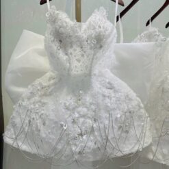 ชุดเดรส เกาะอก แต่งดอก เพชร+โบว์ สีขาว 2016 Size S-M