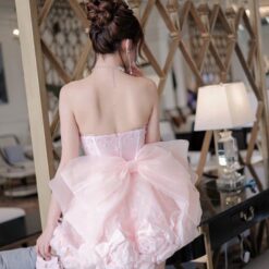 ชุดเดรส เกาะอก แต่งดอก+กลิตเตอร์ สีชมพู 2031 Size M