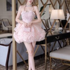 ชุดเดรส เกาะอก แต่งดอก+กลิตเตอร์ สีชมพู 2031 Size M