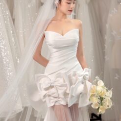 ชุดแต่งงาน ราตรียาว เกาะอก แต่งโบว์ สีขาว 3018 Size S