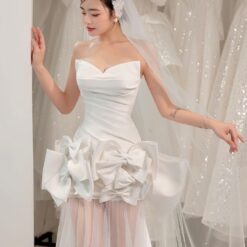 ชุดแต่งงาน ราตรียาว เกาะอก แต่งโบว์ สีขาว 3018 Size S