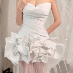 ชุดแต่งงาน ราตรียาว เกาะอก แต่งโบว์ สีขาว 3018 Size S