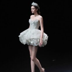 ชุดเดรส เกาะอก แต่งเพชร+กลิตเตอร์ สีขาว 2015 Size M