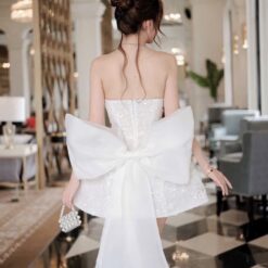 ชุดเดรส เกาะอก แต่งดอก เพชร+โบว์ สีขาว 2016 Size S-M