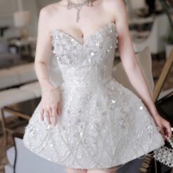 ชุดเดรส เกาะอก แต่งดอก เพชร+โบว์ สีขาว 2016 Size S-M