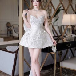 ชุดเดรส เกาะอก แต่งดอก เพชร+โบว์ สีขาว 2016 Size S-M