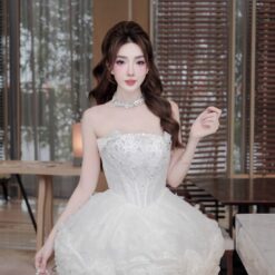 ชุดเดรส เกาะอก แต่งดอก+กลิตเตอร์ สีขาว 2020 Size S