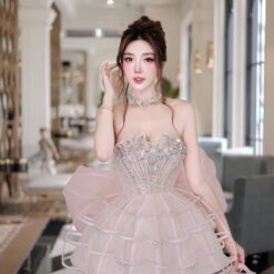 ชุดเดรส เกาะอก แต่งเพชร+โบว์ สีชมพู 2050 Size S,L