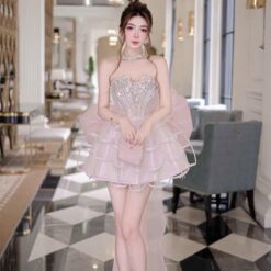 ชุดเดรส เกาะอก แต่งเพชร+โบว์ สีชมพู 2050 Size S,L