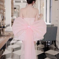 ชุดเดรส เกาะอก แต่งเพชร+โบว์ สีชมพู 2050 Size S,L