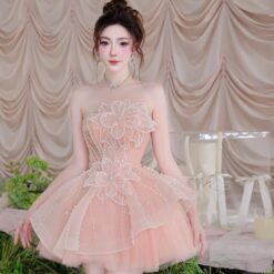 ชุดเดรส เกาะอก แต่งดอก+กลิตเตอร์ สีชมพู 2038 Size M