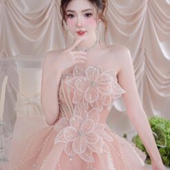 ชุดเดรส เกาะอก แต่งดอก+กลิตเตอร์ สีชมพู 2038 Size M