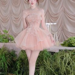 ชุดเดรส เกาะอก แต่งดอก+กลิตเตอร์ สีชมพู 2038 Size M