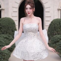 ชุดเดรส เกาะอก แต่งเพชรกลิตเตอร์+โบว์ สีขาว 2033 Size M