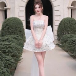 ชุดเดรส เกาะอก แต่งเพชรกลิตเตอร์+โบว์ สีขาว 2033 Size M