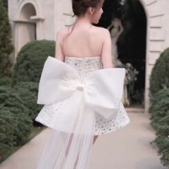 ชุดเดรส เกาะอก แต่งเพชรกลิตเตอร์+โบว์ สีขาว 2033 Size M