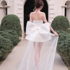 ชุดเดรส เกาะอก แต่งเพชรกลิตเตอร์+โบว์ สีขาว 2033 Size M