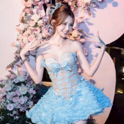 ชุดเดรส เกาะอก แต่งโบว์ สีฟ้า 2045 Size M