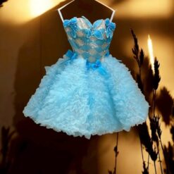 ชุดเดรส เกาะอก แต่งโบว์ สีฟ้า 2045 Size M