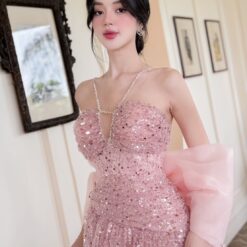 ชุดเดรส เกาะอก แต่งกลิตเตอร์+โบว์ สีชมพู 2051 Size S