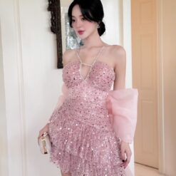 ชุดเดรส เกาะอก แต่งกลิตเตอร์+โบว์ สีชมพู 2051 Size S