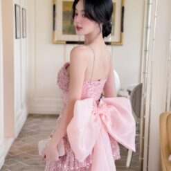 ชุดเดรส เกาะอก แต่งกลิตเตอร์+โบว์ สีชมพู 2051 Size S