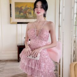 ชุดเดรส เกาะอก แต่งกลิตเตอร์+โบว์ สีชมพู 2051 Size S