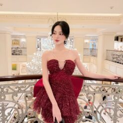 ชุดเดรส เกาะอก แต่งกลิตเตอร์+โบว์ สีแดง 2053 Size S