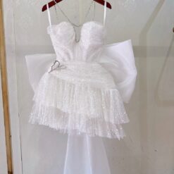 ชุดเดรส เกาะอก แต่งกลิตเตอร์+โบว์ สีขาว 2052 Size S